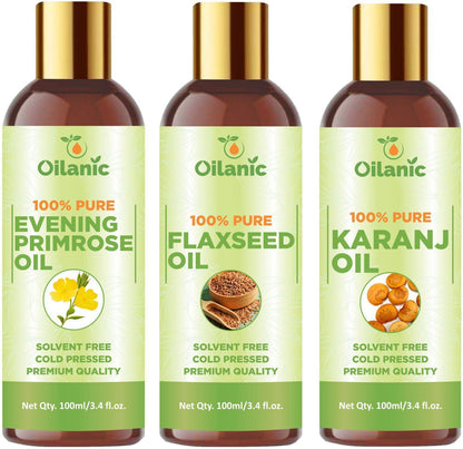 Oilanic Premium Evening Primrose Oil, Flaxseed Oil & Karanj Oil Combo pack of 3 bottles of 100 ml(300 ml)