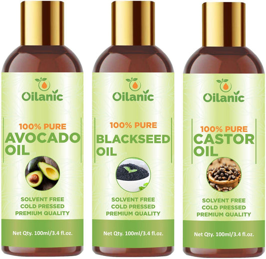 Oilanic Premium Avocado Oil, Blackseed Oil & Castor Oil Combo pack of 3 bottles of 100 ml(300 ml)