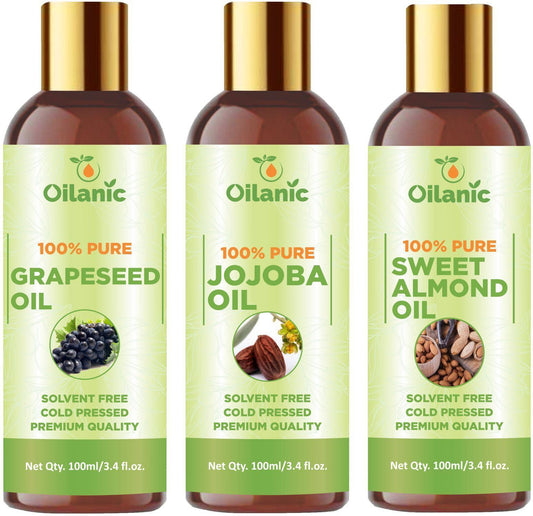 Oilanic Premium Grapeseed Oil, Jojoba Oil & Sweet Almond Oil Combo pack of 3 bottles of 100 ml(300 ml)