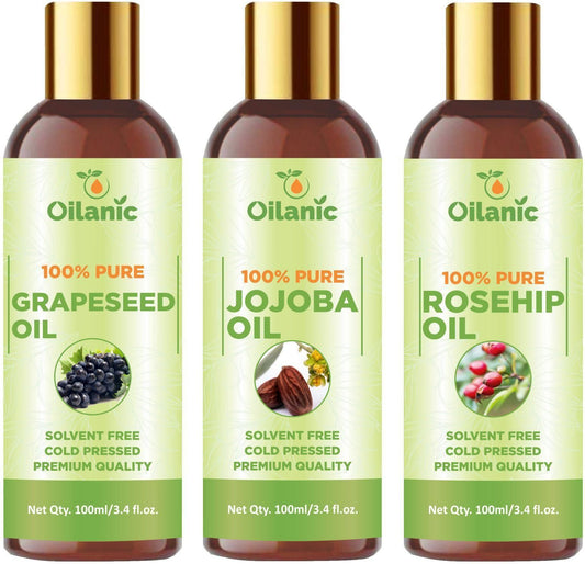 Oilanic Premium Grapeseed Oil, Jojoba Oil & Rosehip Oil Combo pack of 3 bottles of 100 ml(300 ml)