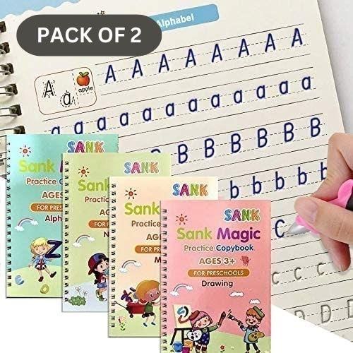 Magic Book Set of 2 – 8 Reusable Books, 20 Refills, 2 Pens & Grips for Kids' Handwriting Practice – Educational Preschool Workbook