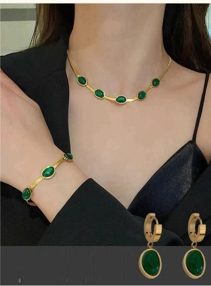 Oval Green Crystal Pendant Necklace Set With Bracelet !